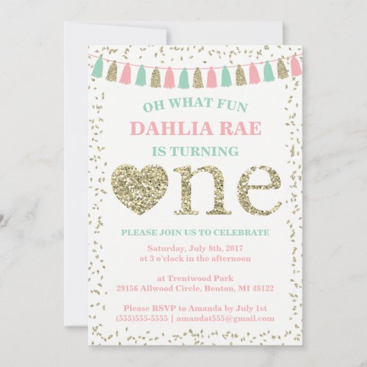Girl First Birthday Invitation roze Mint Gold Kaart (Voorkant)