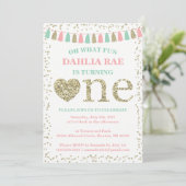 Girl First Birthday Invitation roze Mint Gold Kaart (Staand voorkant)