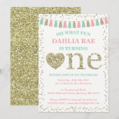 Girl First Birthday Invitation roze Mint Gold Kaart (Voorkant / Achterkant)