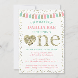 Girl First Birthday Invitation roze Mint Gold Kaart