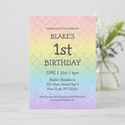 Girl First Birthday Mermaid Rainbow Kaart (Staand voorkant)