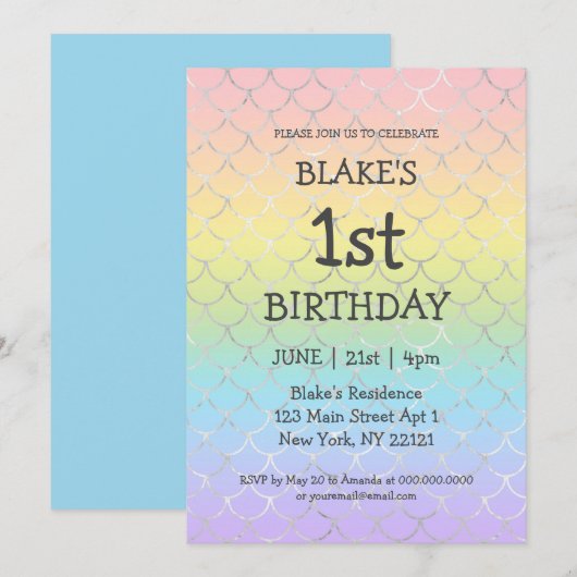 Girl First Birthday Mermaid Rainbow Kaart (Voorkant / Achterkant)