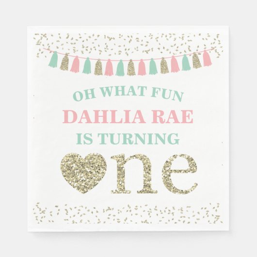 Girl First Birthday Party Napkins Pink Mint Gold Servetten (Voorkant)