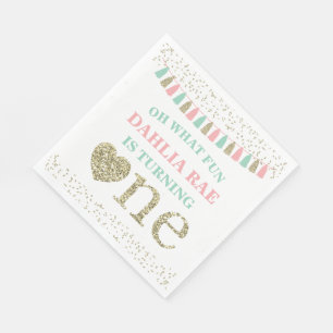 Girl First Birthday Party Napkins Pink Mint Gold Servetten