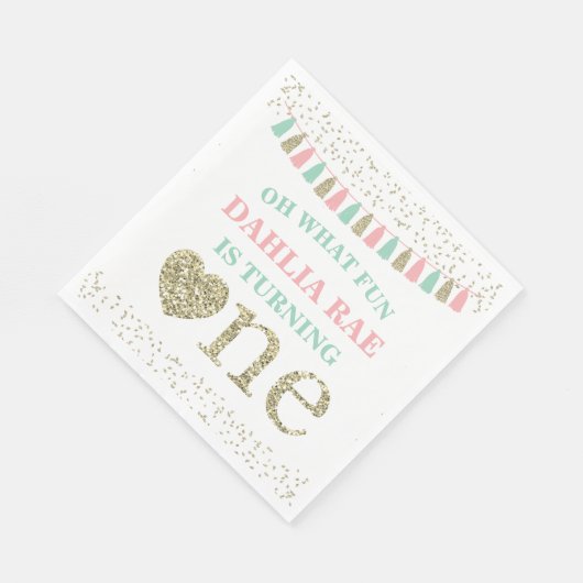Girl First Birthday Party Napkins Pink Mint Gold Servetten (Hoek)