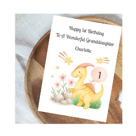 Girl First Birthday Pink Yellow Dinosaur Card Kaart