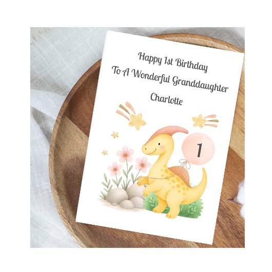Girl First Birthday Pink Yellow Dinosaur Card Kaart