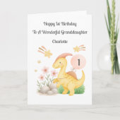 Girl First Birthday Pink Yellow Dinosaur Card Kaart (Voorkant)