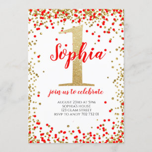 Girl First Birthday Red Gold Number Confetti Kaart