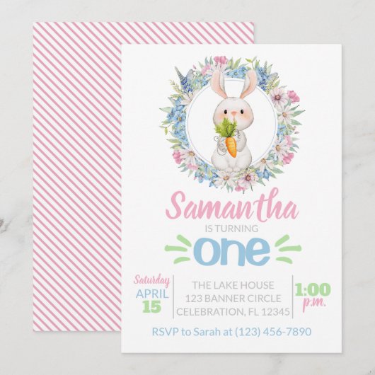 Girl First Birthday Waterverf Bunny Kaart (Voorkant / Achterkant)