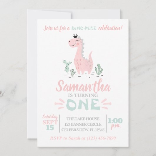 Girl First Birthday Waterverf Dinosaur Uitnodiging (Voorkant)