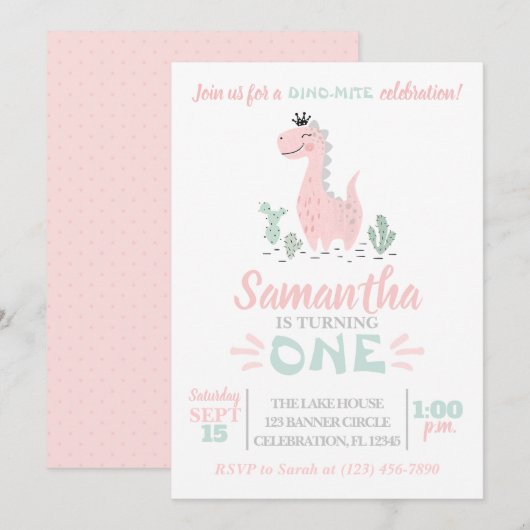 Girl First Birthday Waterverf Dinosaur Uitnodiging (Voorkant / Achterkant)