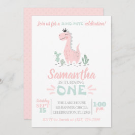 Girl First Birthday Waterverf Dinosaur Uitnodiging