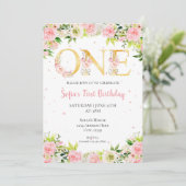 Girl First Birthday Waterverf Flowers Kaart (Staand voorkant)