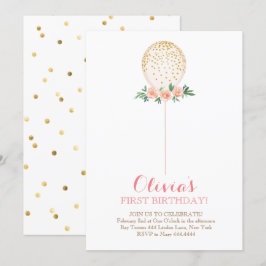 Girl First Birthday Waterverf Gold ballon Kaart