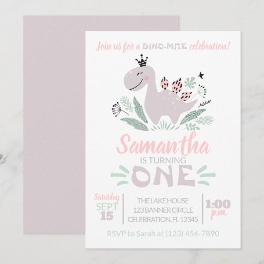 Girl First Birthday Waterverf Paars Dinosaur Kaart (Voorkant / Achterkant)