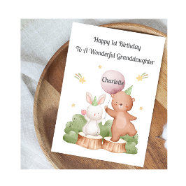 Girl First Birthday Woodland Rabbit Bear Card Kaart