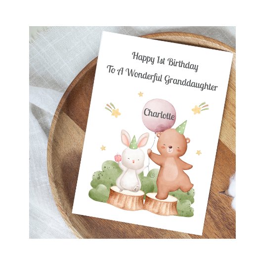 Girl First Birthday Woodland Rabbit Bear Card Kaart