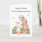 Girl First Birthday Woodland Rabbit Bear Card Kaart (Voorkant)