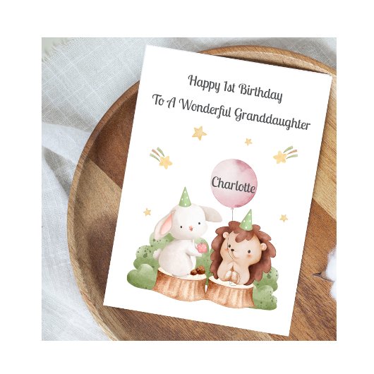 Girl First Birthday Woodland Rabbit Hedgehog Card Kaart