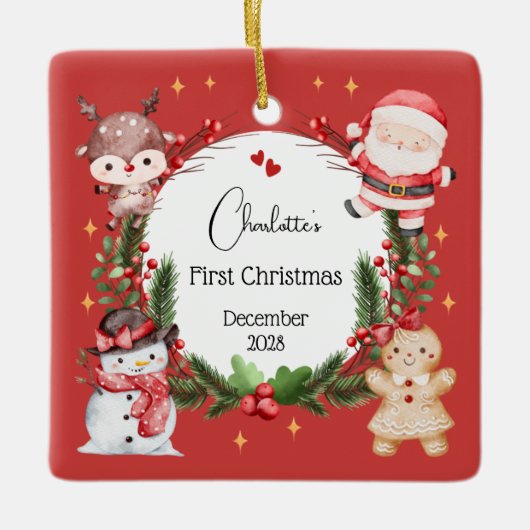 Girl First Christmas Reindeer Santa Tree Ornament (Voorkant)