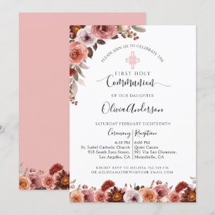 Girl First Commune Blush Pink Floral Invitation Kaart