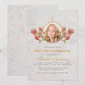 Girl First Commune Foto Pink Magnolia Marble Kaart (Voorkant / Achterkant)