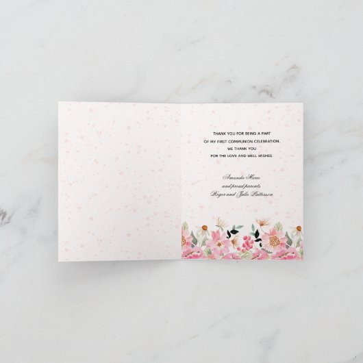 Girl First Commune Pink Floral Folded Bedankkaart (Binnen)