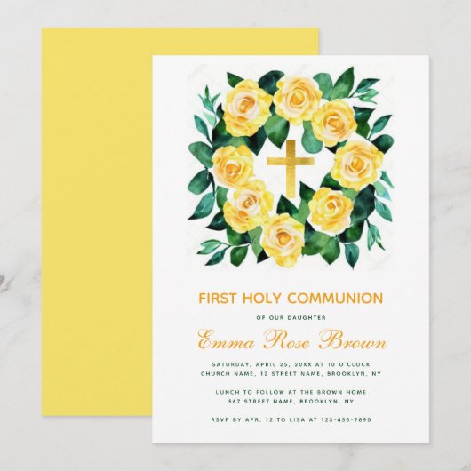 Girl First Commune Yellow Roses Wreath Floral Kaart (Voorkant / Achterkant)