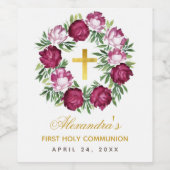 Girl First Communer Pink Burgundy Floral Wreath Wijn Etiket (Enkel label)