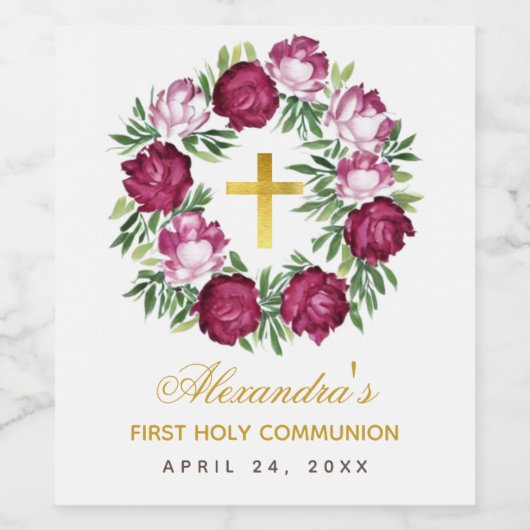 Girl First Communer Pink Burgundy Floral Wreath Wijn Etiket (Enkel label)