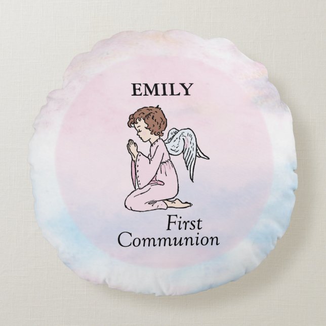 Girl, First Communion Angel Rond Kussen (Voorkant)