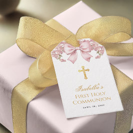 Girl First Communion Pink Floral Bow & Gold Cross Cadeaulabel