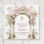 Girl First Communion Pink Florals Arch Cross Bedankjes Labels (Voorkant)