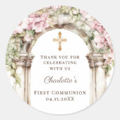 Girl First Communion Pink Florals Arch Cross Ronde Sticker (Voorkant)