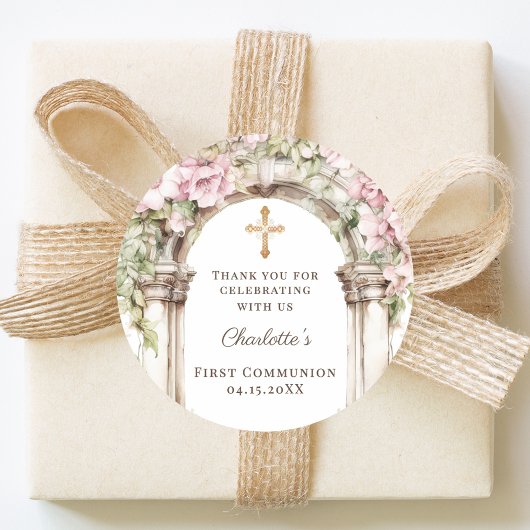 Girl First Communion Pink Florals Arch Cross Ronde Sticker