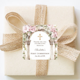 Girl First Communion Pink Florals Arch Cross Vierkante Sticker