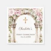 Girl First Communion Pink Florals Arch Gold Cross Servet (Voorkant)