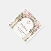 Girl First Communion Pink Florals Arch Gold Cross Servet (Hoek)