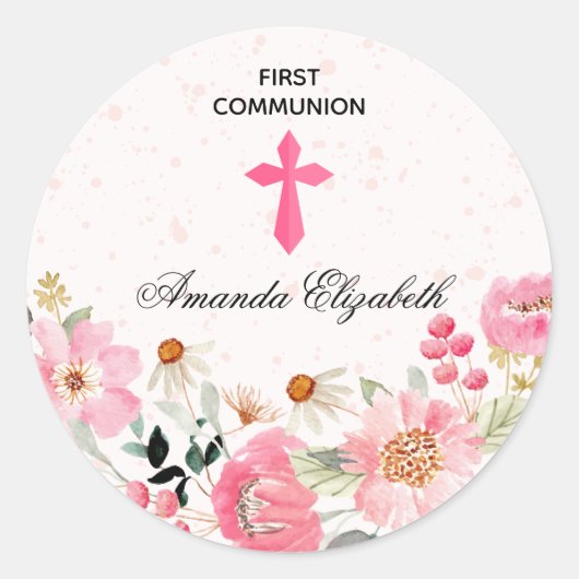 Girl First Community Waterverf Pink Floral Ronde Sticker (Voorkant)