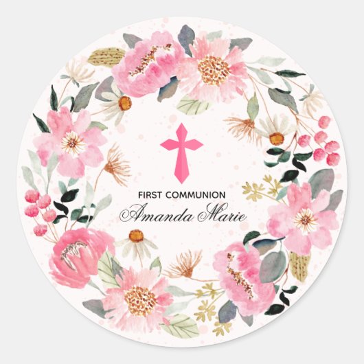 Girl First Community Waterverf Pink Floral Ronde Sticker (Voorkant)