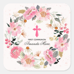 Girl First Community Waterverf Pink Floral Vierkante Sticker