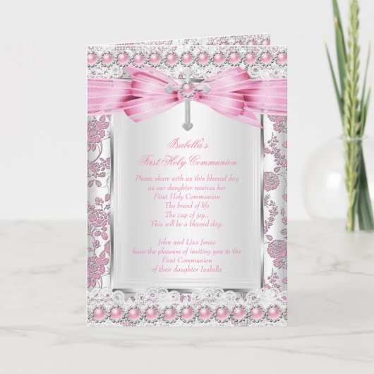 Girl First Heilige Commune Cross Damask Pink Silve (Voorkant)