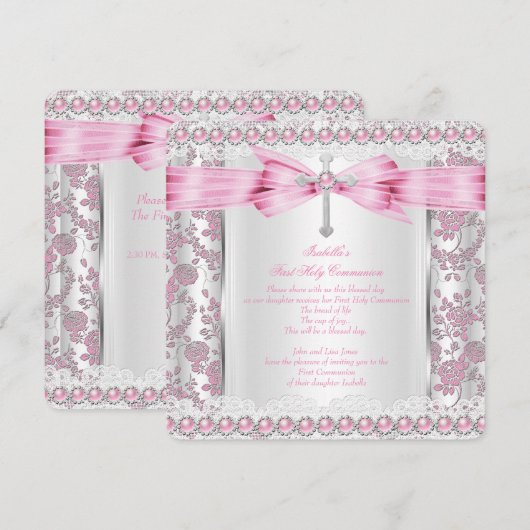 Girl First Heilige Commune Cross Damask Pink Silve Kaart (Voorkant / Achterkant)