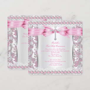 Girl First Heilige Commune Cross Damask Pink Silve Kaart