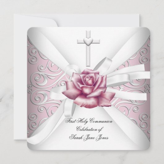 Girl First Heilige Commune Damask Pink Rose White Kaart (Voorkant)