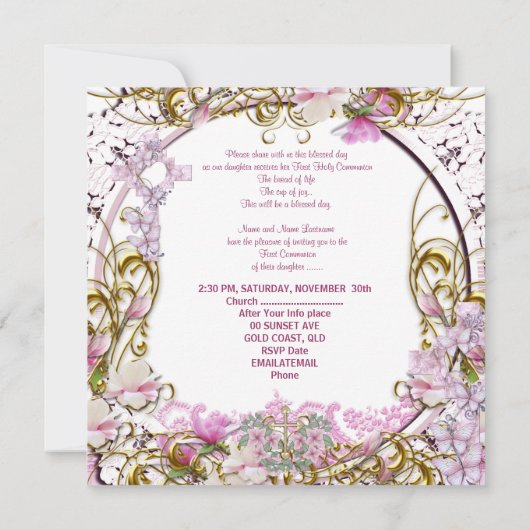 Girl First Heilige Commune Lace Pink Gold Foto Kaart (Achterkant)