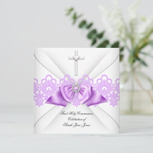 Girl First Heilige Commune Lila Lace Bow White Kaart (Staand voorkant)