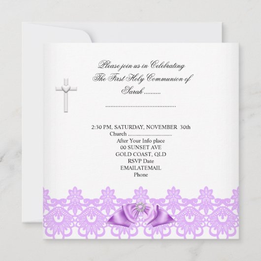 Girl First Heilige Commune Lila Lace Bow White Kaart (Achterkant)