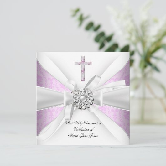 Girl First Heilige Commune Pink Damask White Silve Kaart (Staand voorkant)